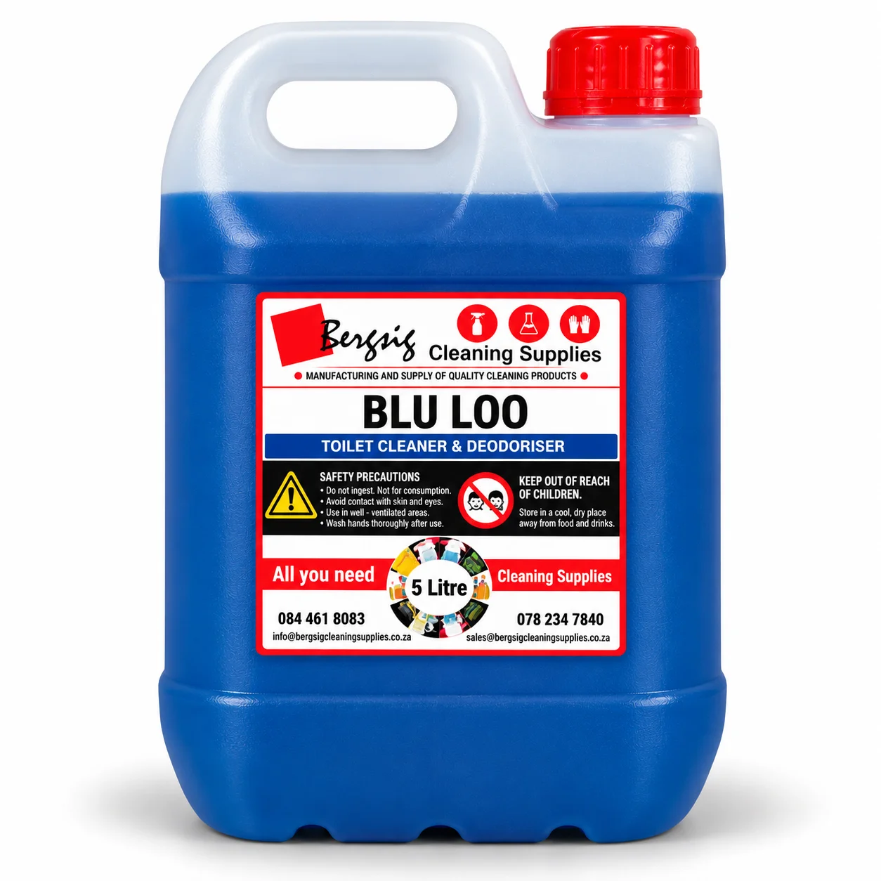 Bergsig Blu Loo in a 5 litre jerrycan with the Bergsig Cleaning Supplies label