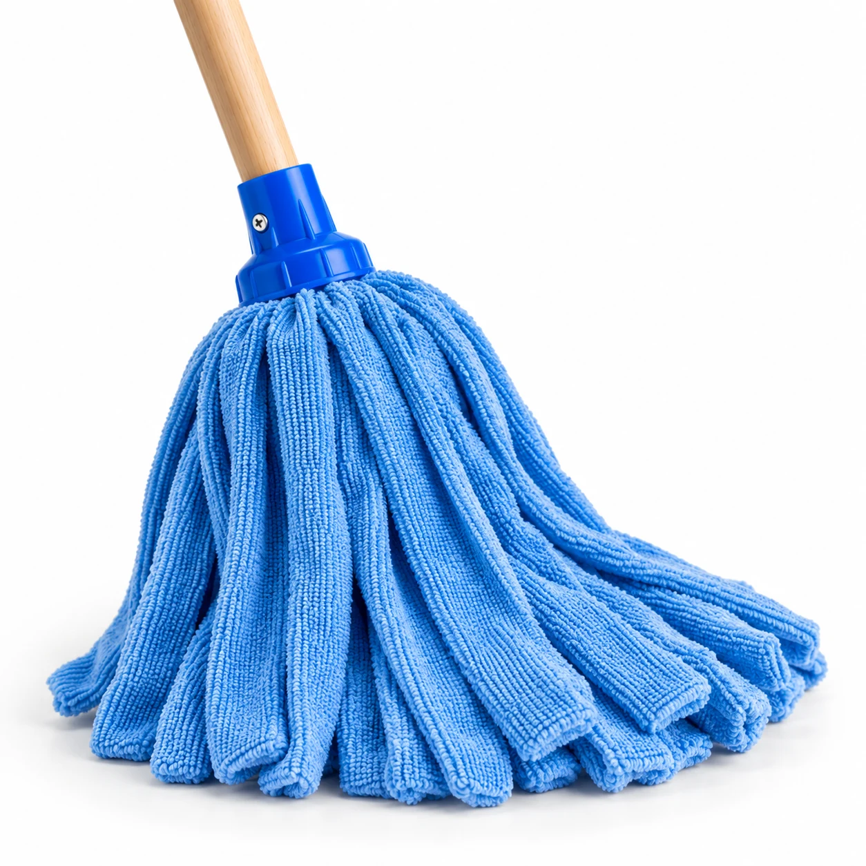 Micro Fiber 400G Mop with blue microfibre string head, blue connector and wooden handle