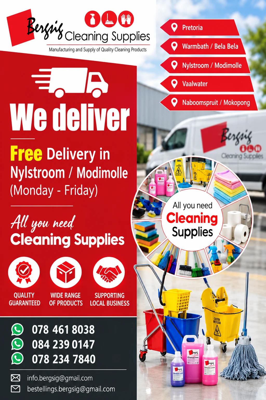 Bergsig We Deliver — free delivery in Nylstroom / Modimolle, Monday to Friday; delivery to Pretoria, Bela-Bela, Vaalwater and Mookgophong