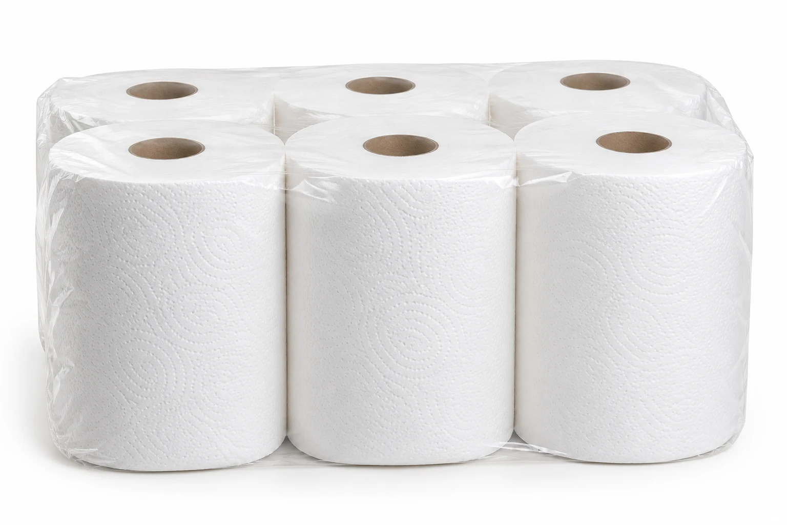 Cost Cutter 6's, six white paper rolls in clear plastic wrap
