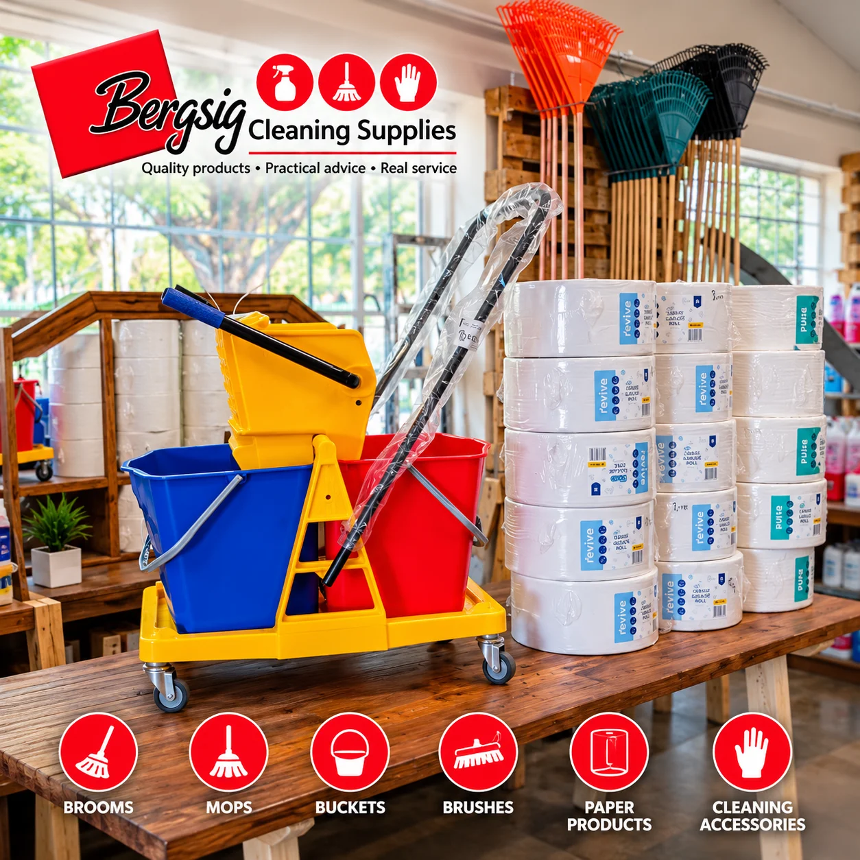 A yellow double mop-bucket trolley and stacks of paper towel rolls on a wooden table in the Bergsig shop