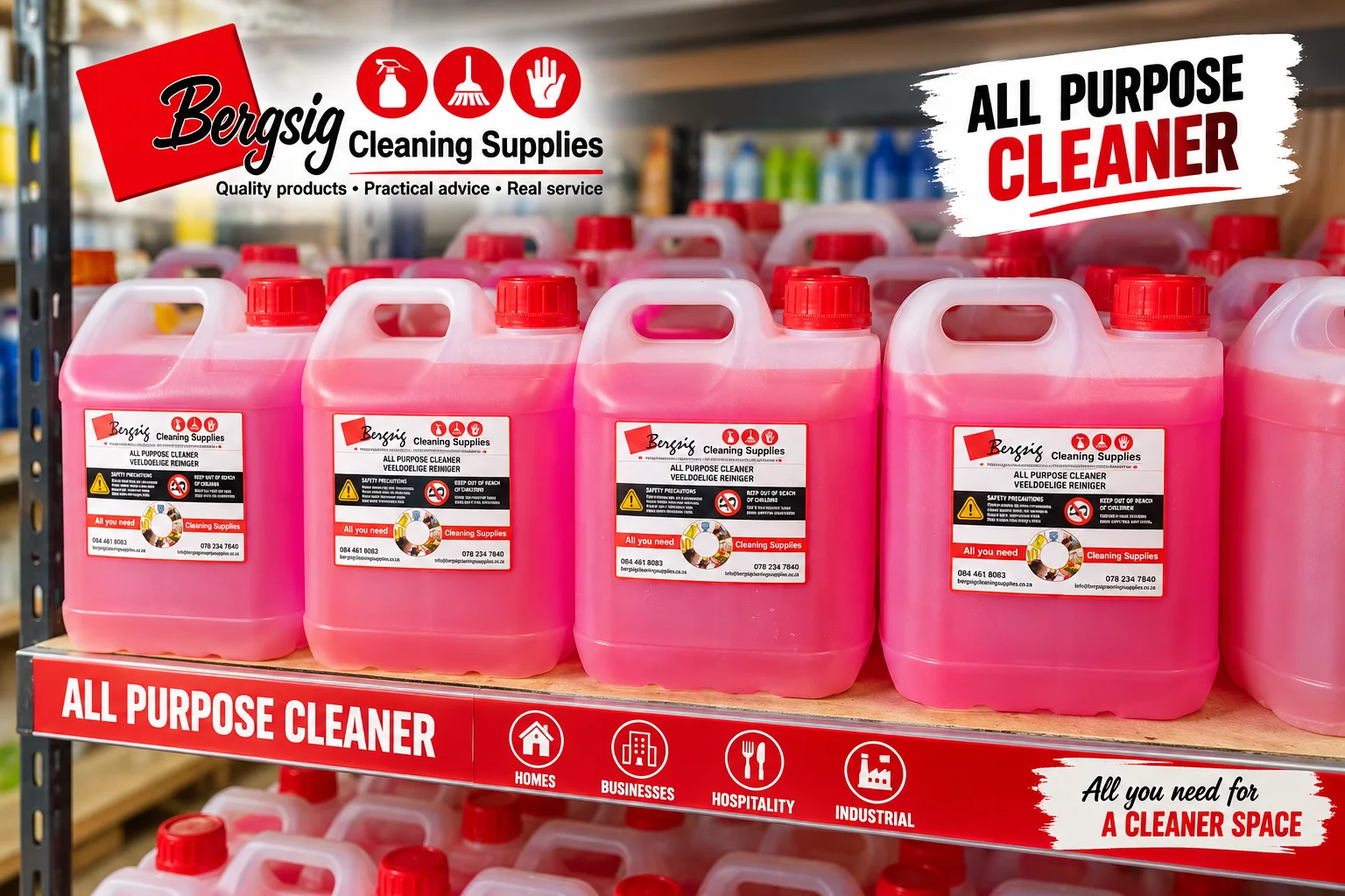 Shelf of 5 litre Bergsig All Purpose Cleaner containers with red caps