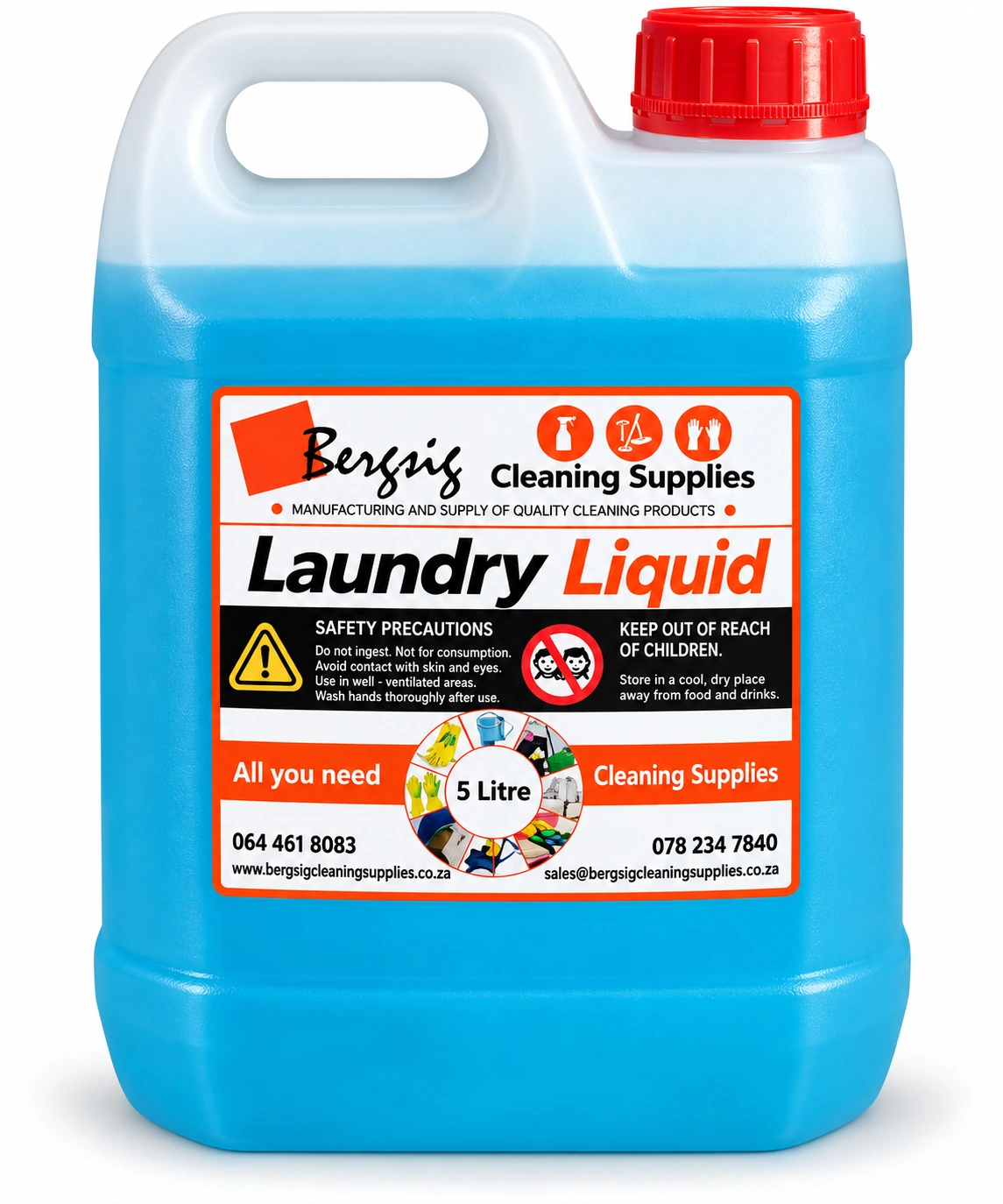 Bergsig Laundry Liquid in a 5 litre container with the orange Bergsig Cleaning Supplies label