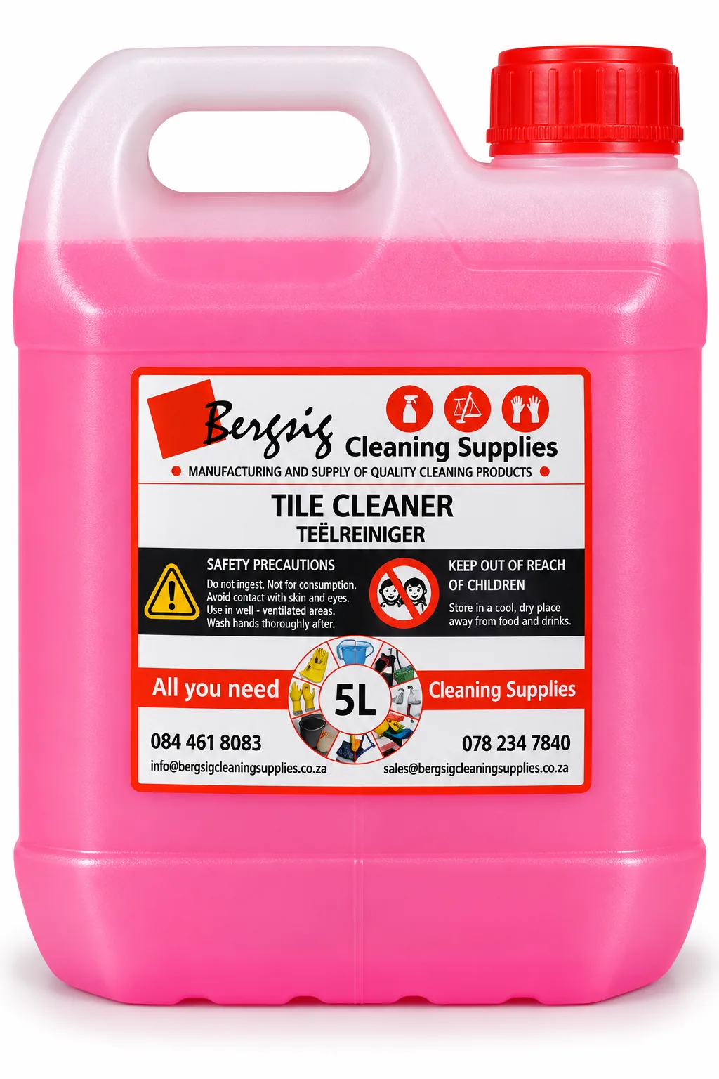 Bergsig Tile Cleaner in a 5 litre container with the red Bergsig Cleaning Supplies label