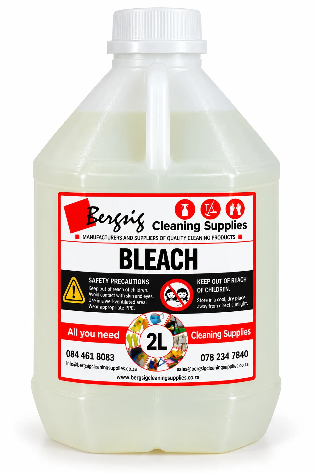 Bergsig Bleach in a 2 litre container with the Bergsig Cleaning Supplies label