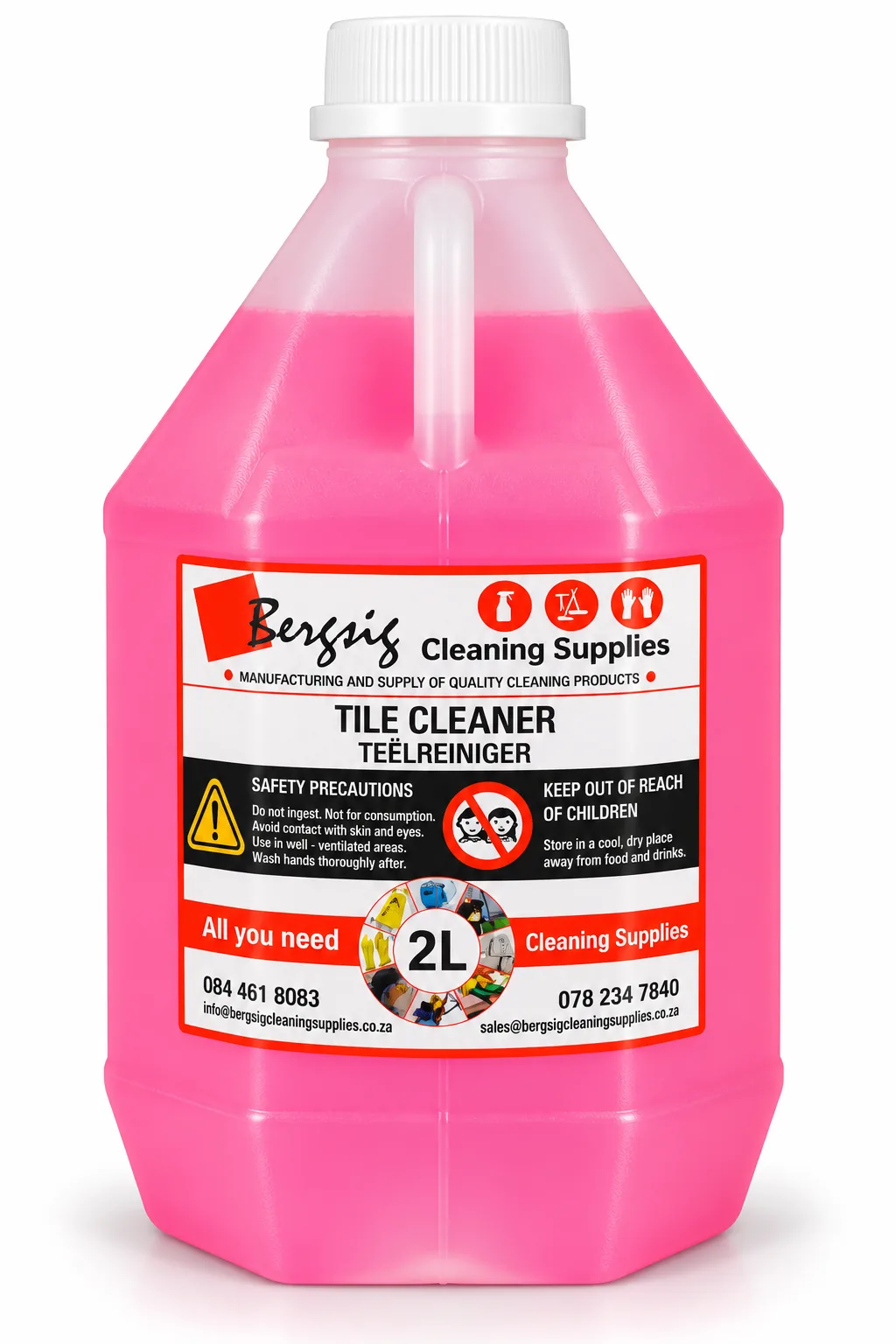 Bergsig Tile Cleaner in a 2 litre bottle with the red Bergsig Cleaning Supplies label