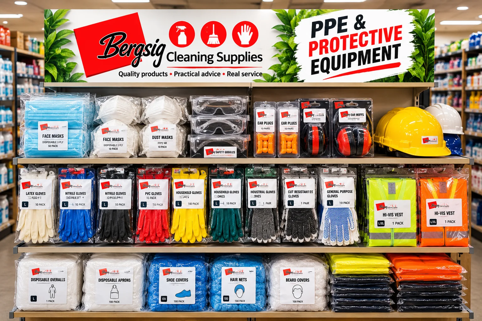 Bergsig shelf of PPE: masks, safety goggles, ear protection, helmets, gloves, hi-vis vests, disposable overalls, aprons, shoe covers and hair nets