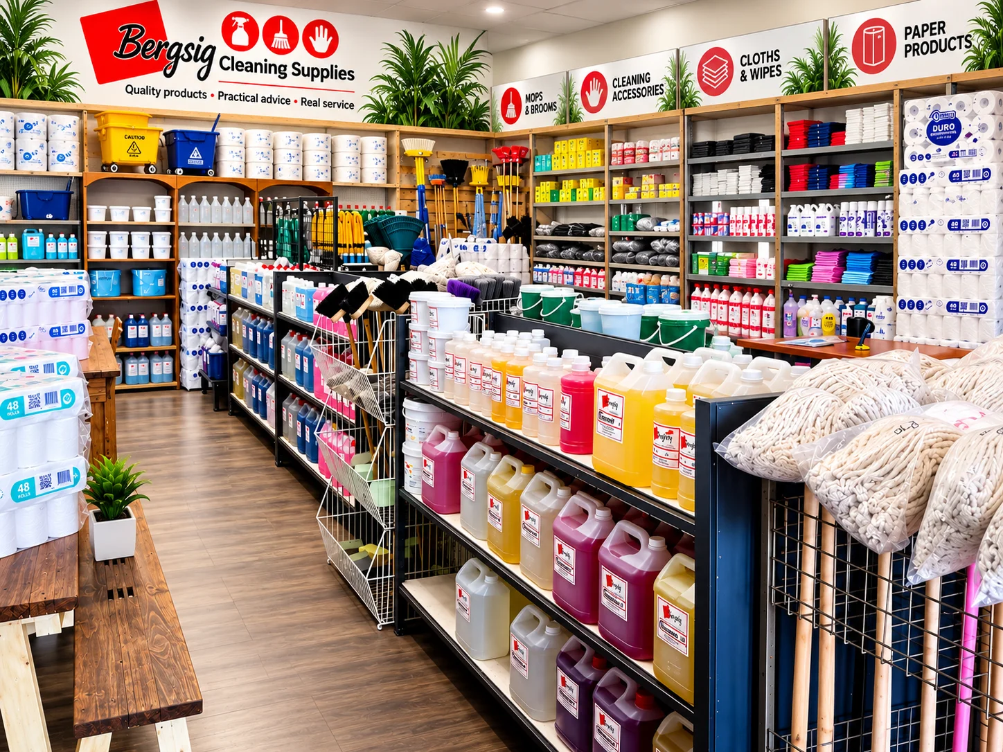 The Bergsig shop floor stacked with mop heads, broom handles, paper products and cleaning equipment
