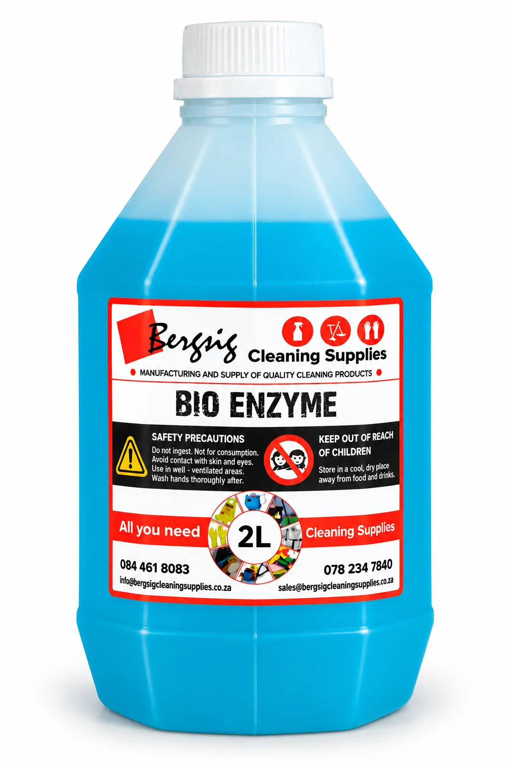 Bergsig Bio Enzyme in a 2 litre bottle with the blue product colour and Bergsig Cleaning Supplies label