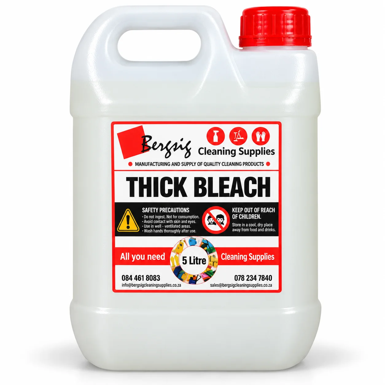 Bergsig Thick Bleach in a 5 litre container with the Bergsig Cleaning Supplies label