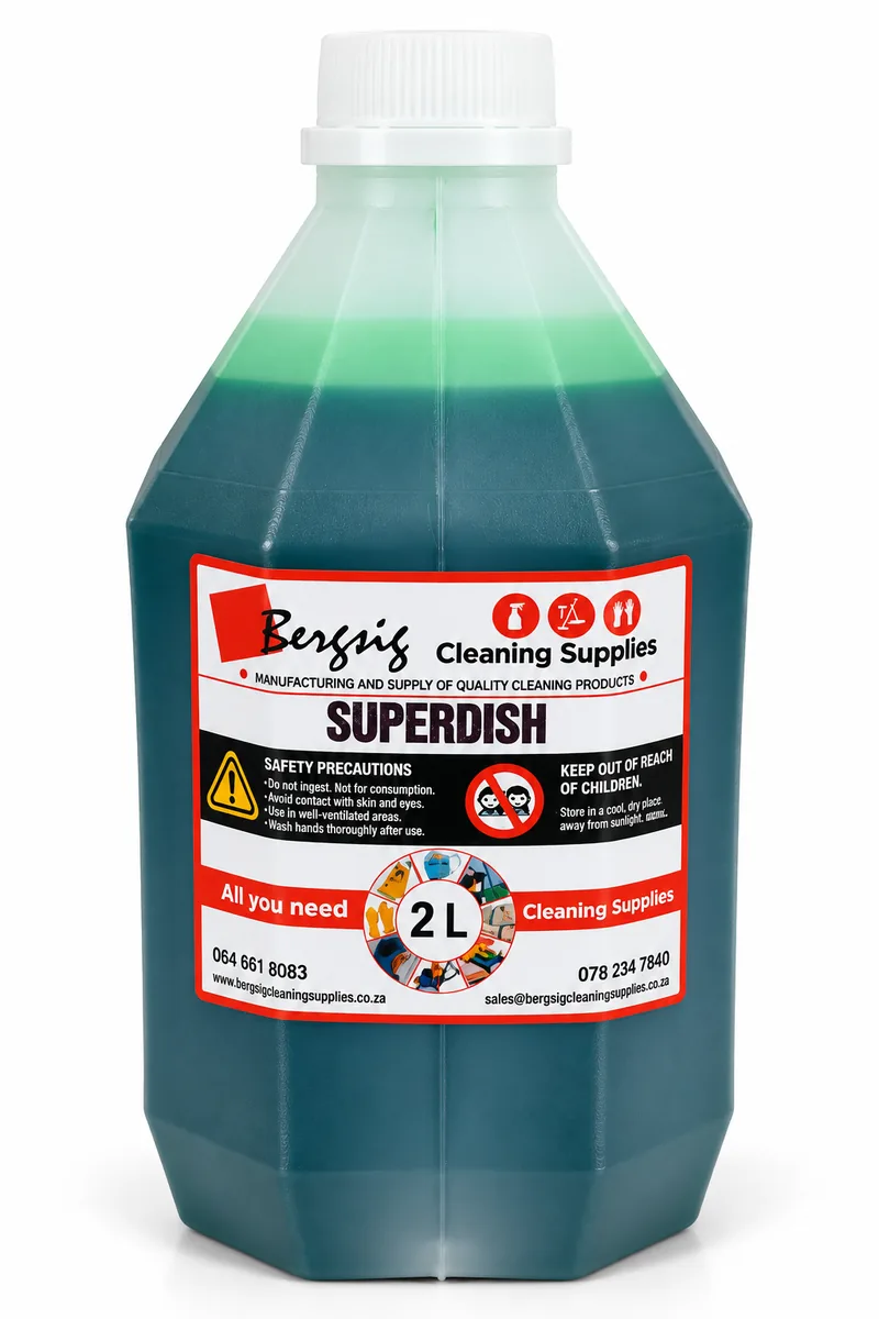 Bergsig Superdish in a 2 litre bottle of green dishwashing liquid with the Bergsig Cleaning Supplies label