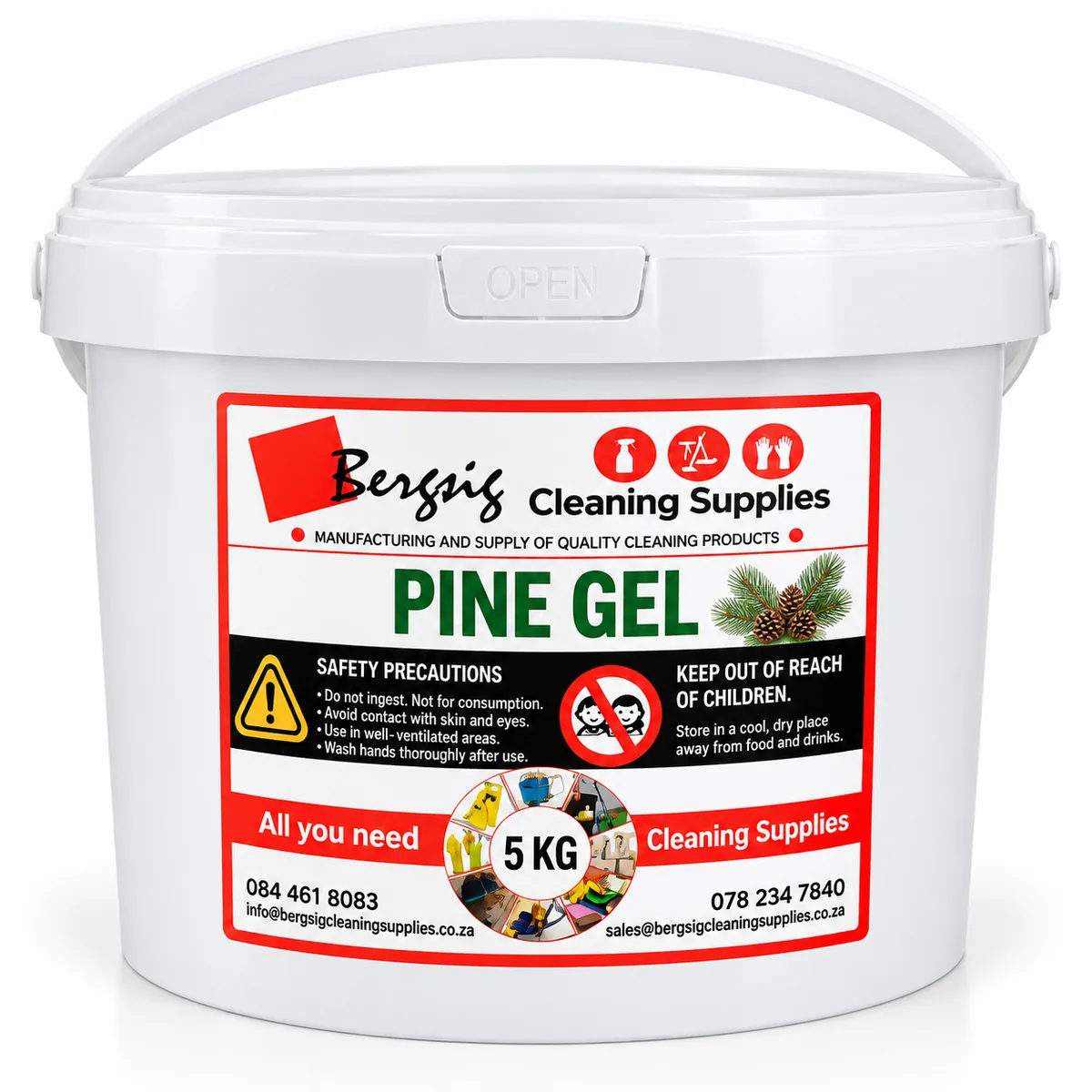 Bergsig Pine Gel in a 5 kg white bucket with handle and the red Bergsig Cleaning Supplies label