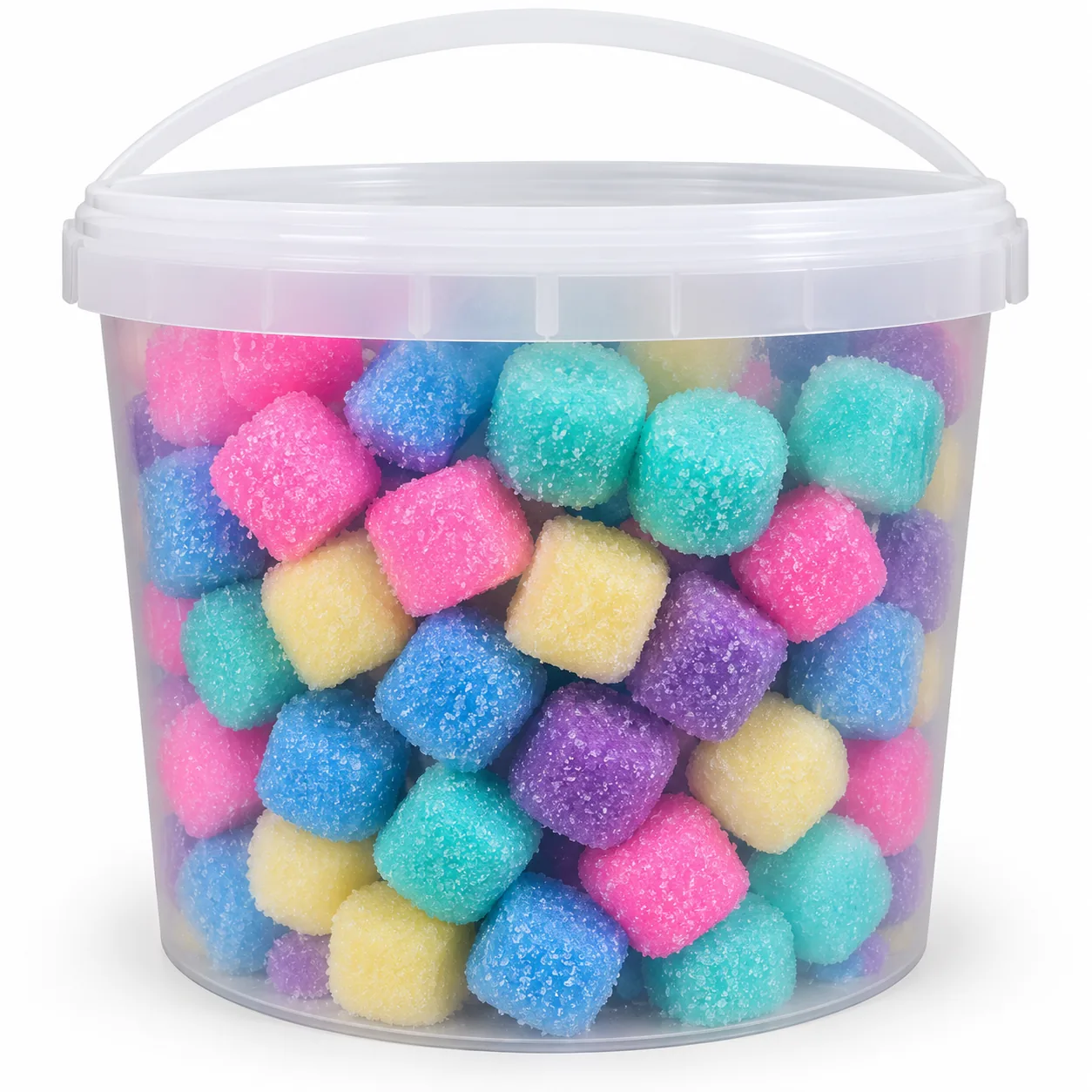 Deo Cubes 5KG, a large frosted translucent bucket with a white lid and handle filled with colourful deodoriser cubes