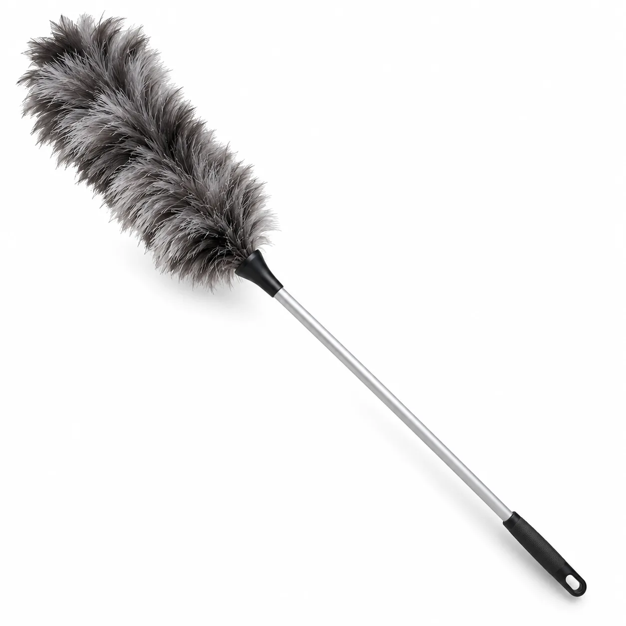 Feather Duster Long, a long-handled duster with a grey fluffy head, silver handle and black grip
