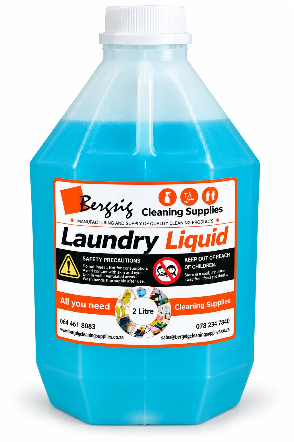 Bergsig Laundry Liquid in a 2 litre bottle with the orange Bergsig Cleaning Supplies label