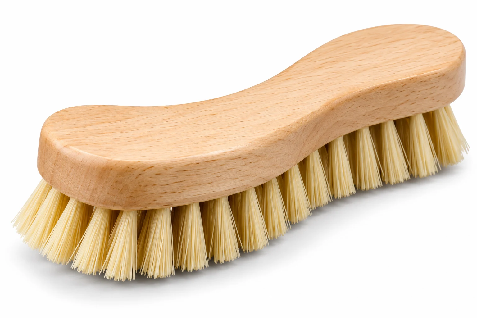 Wooden S-Shape Brush Small with a curved wooden back and cream bristles