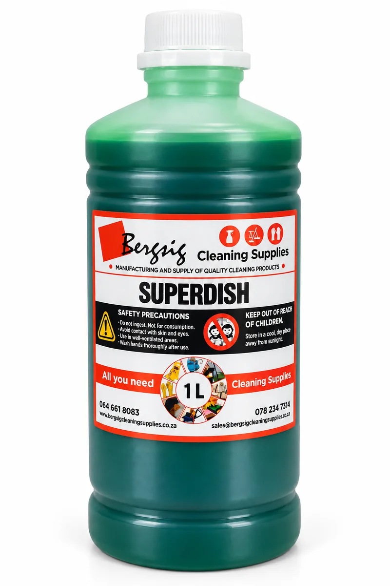 Bergsig Superdish in a 1 litre bottle of green dishwashing liquid with the Bergsig Cleaning Supplies label