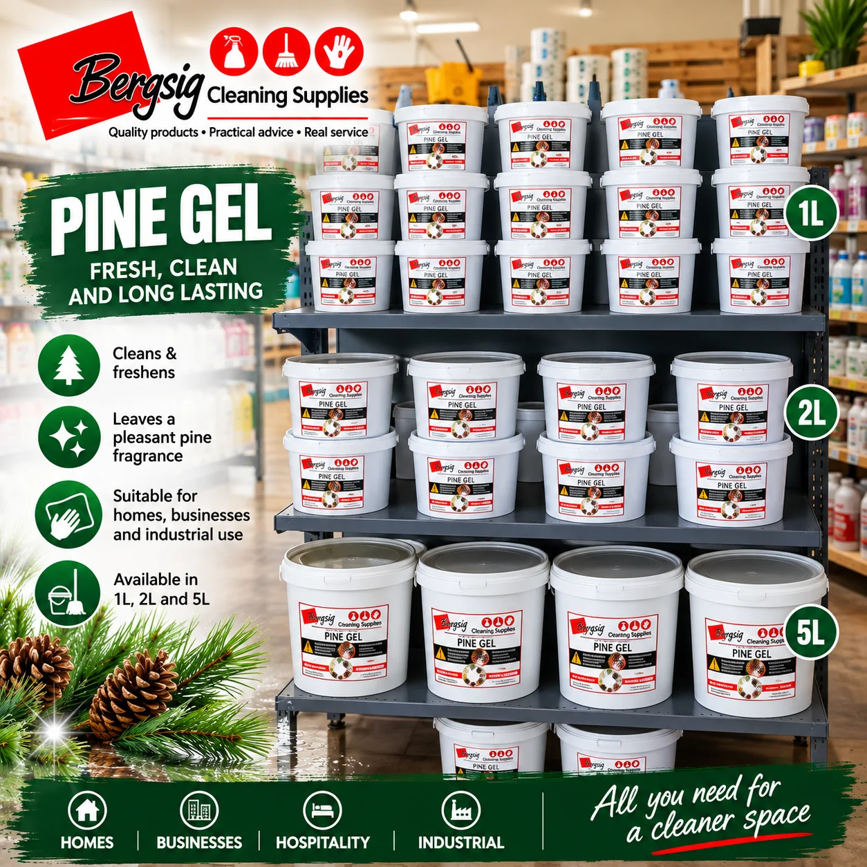 A display stand filled with buckets of Bergsig Pine Gel in several sizes