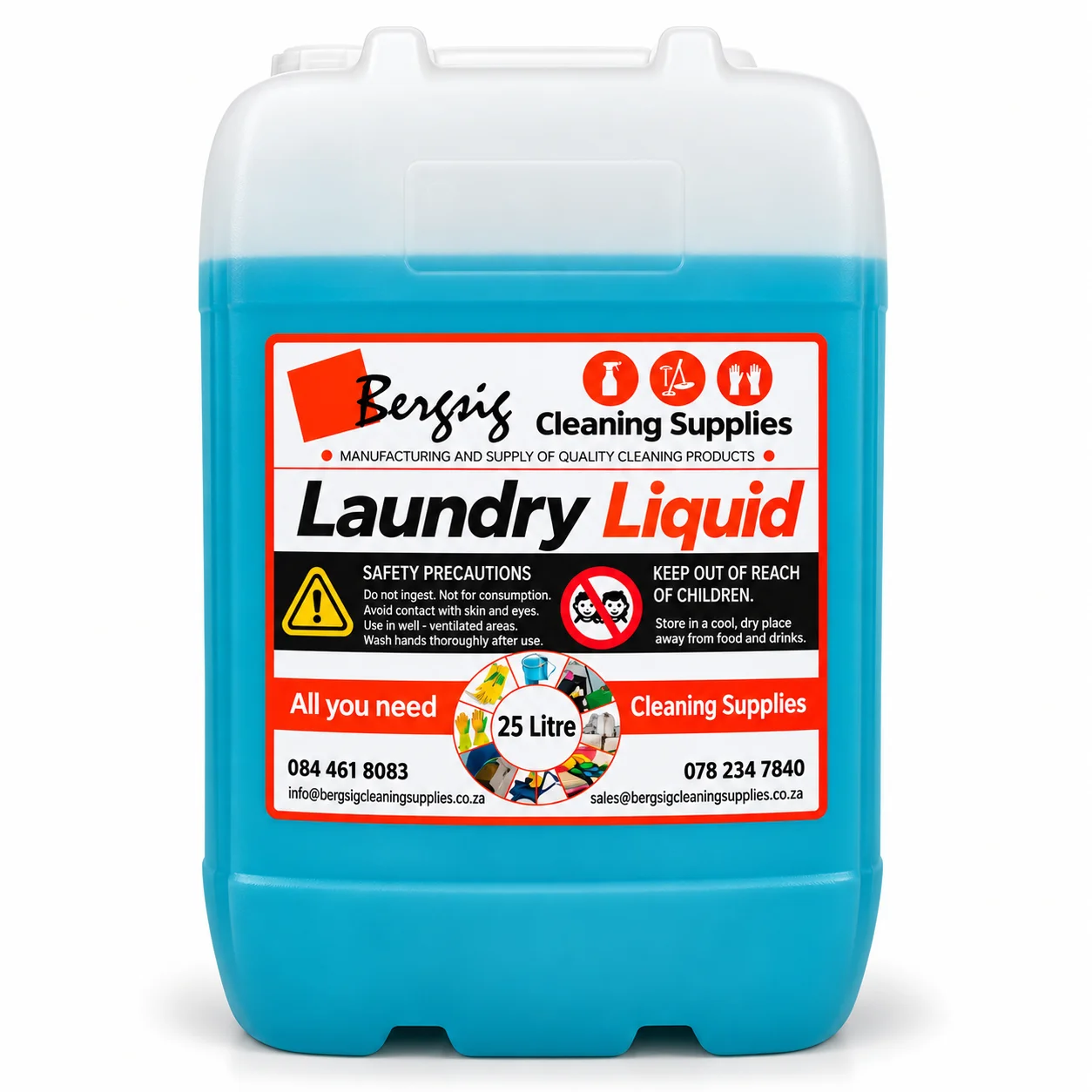 Bergsig Laundry Liquid in a 25 litre drum with the Bergsig Cleaning Supplies label