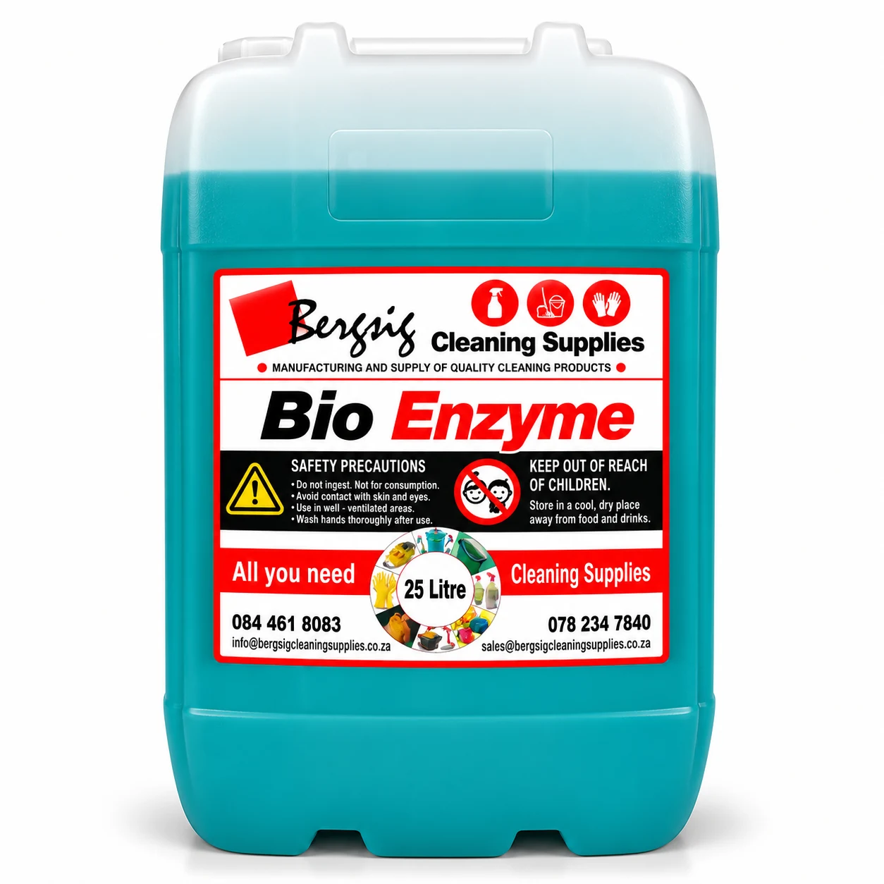 Bergsig Bio Enzyme in a 25 litre jerrycan with the Bergsig Cleaning Supplies label