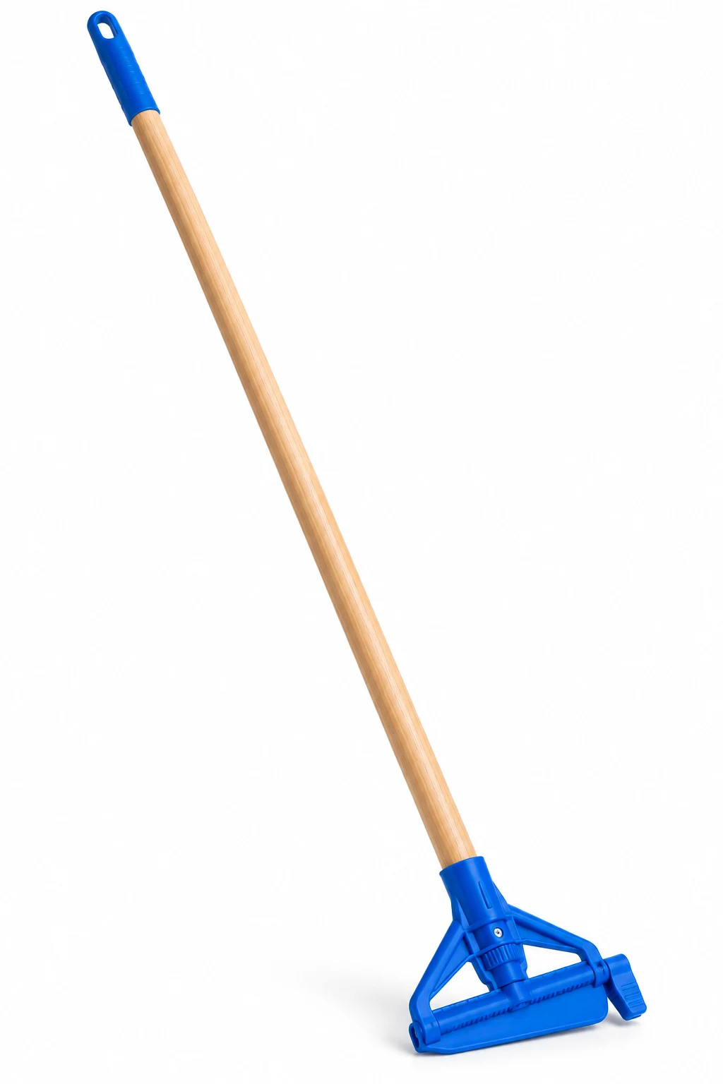 Industrial Mop Handle, wooden handle with a blue clamp head and grip