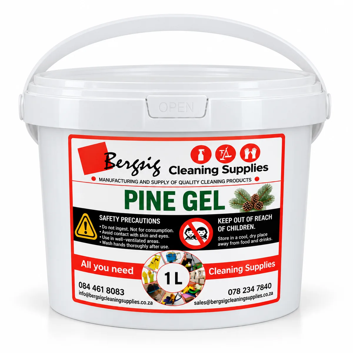 Bergsig Pine Gel in a 1 litre white bucket with handle and the red Bergsig Cleaning Supplies label