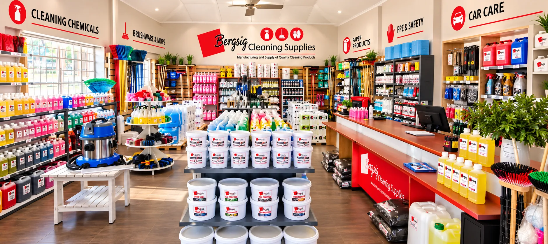 Inside the Bergsig Cleaning Supplies shop: cleaning chemicals, brushware and mops, paper products, PPE and safety, and car care