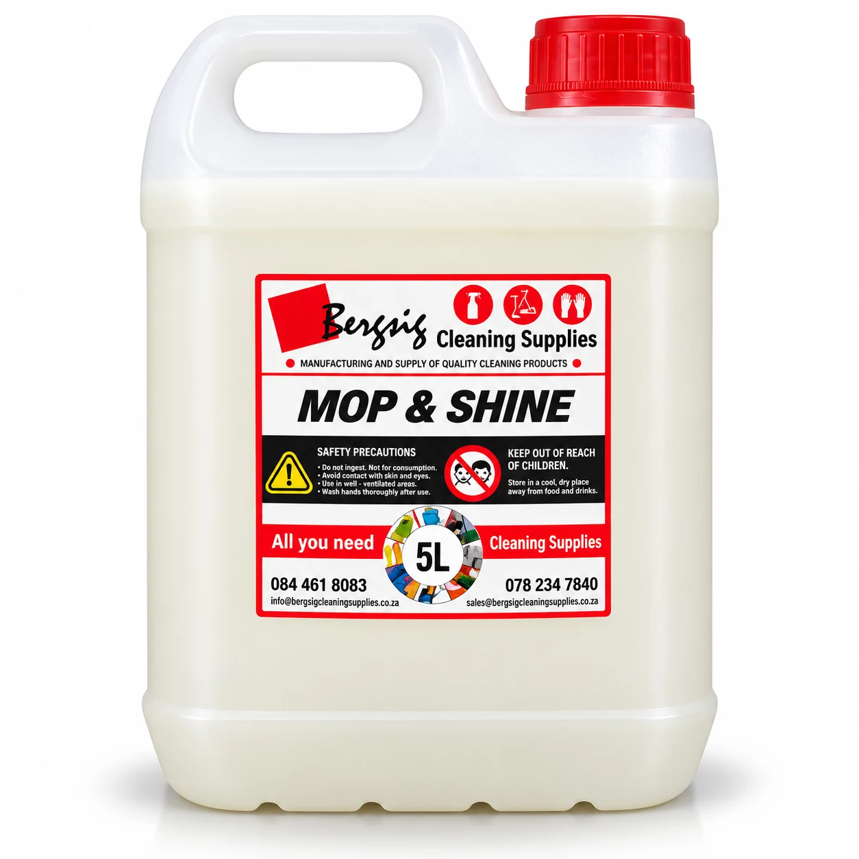 Bergsig Mop & Shine in a 5 litre container with the Bergsig Cleaning Supplies label