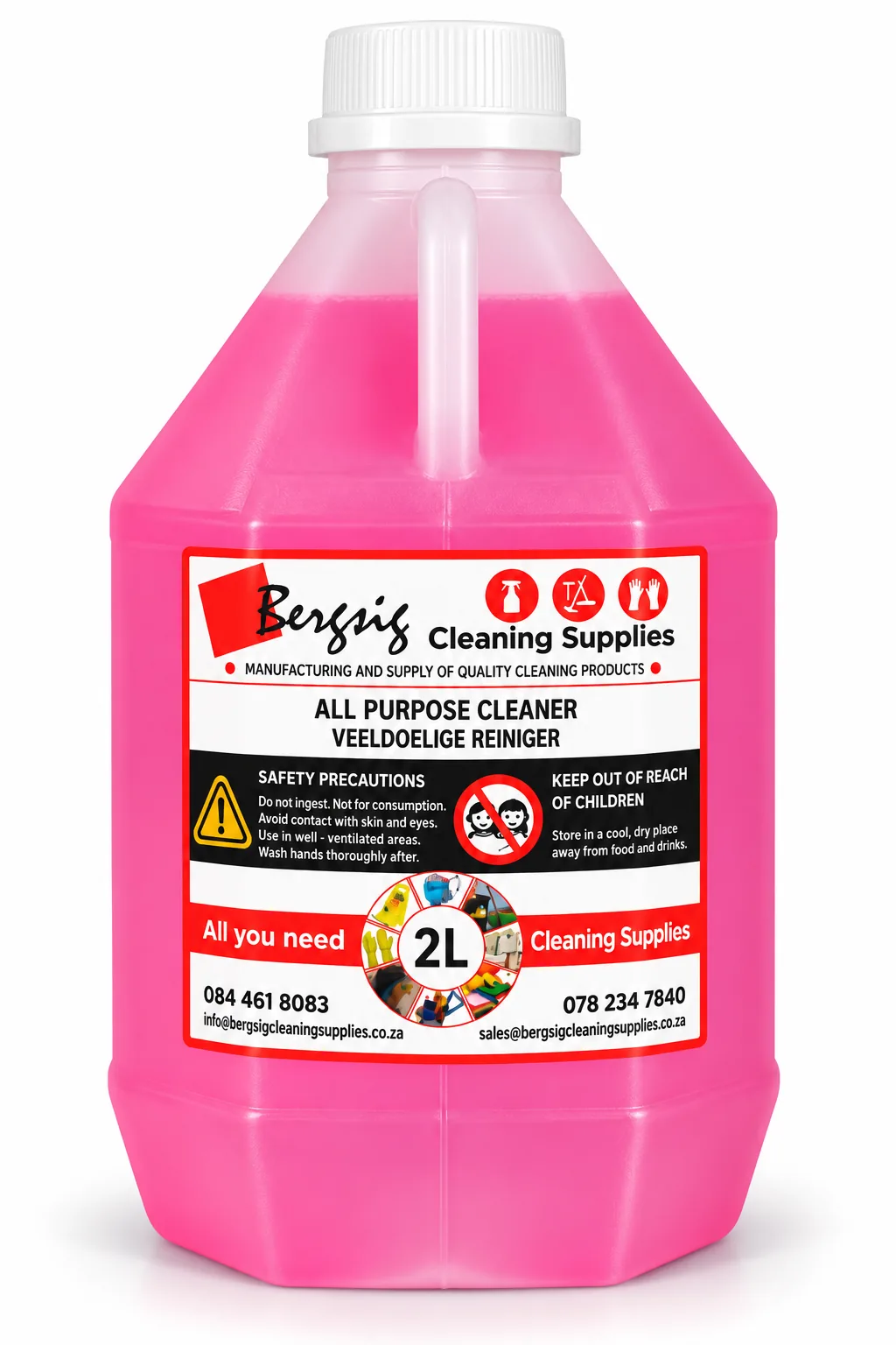 Bergsig All Purpose Cleaner in a 2 litre bottle with the red Bergsig Cleaning Supplies label