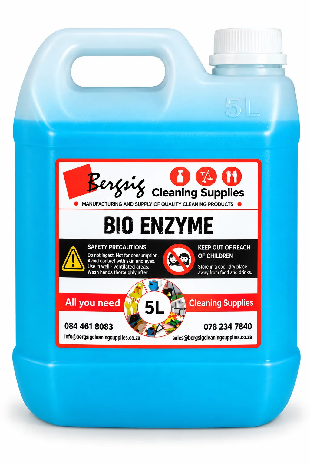 Bergsig Bio Enzyme in a 5 litre container with the blue product colour and Bergsig Cleaning Supplies label