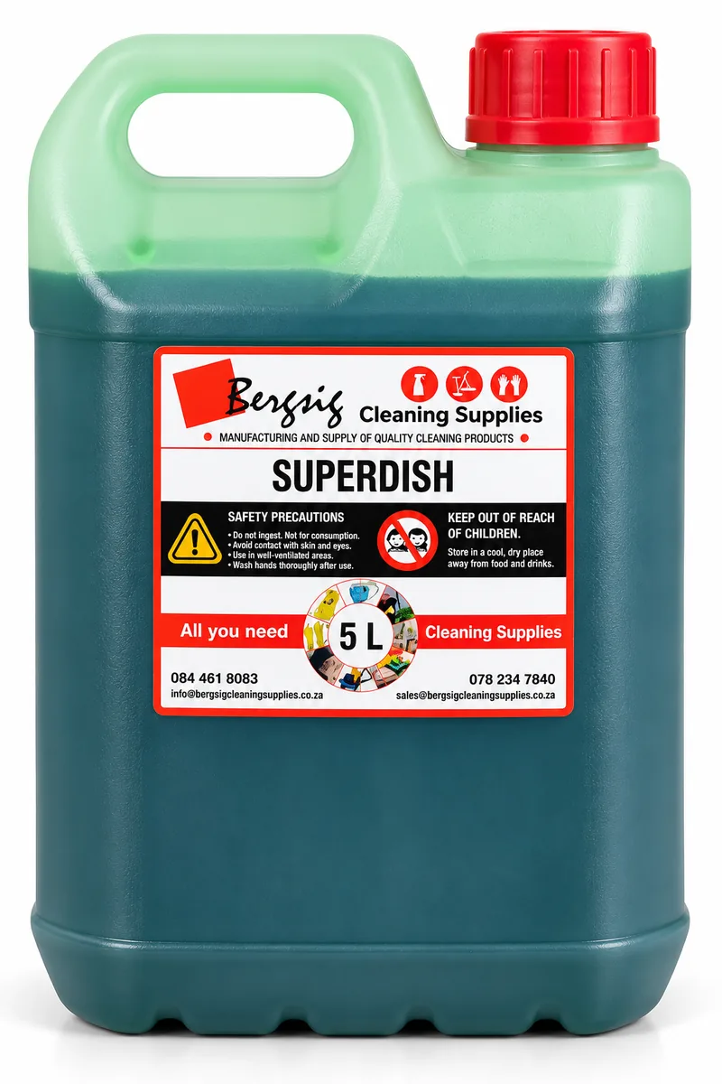 Bergsig Superdish in a 5 litre container of green dishwashing liquid with the Bergsig Cleaning Supplies label