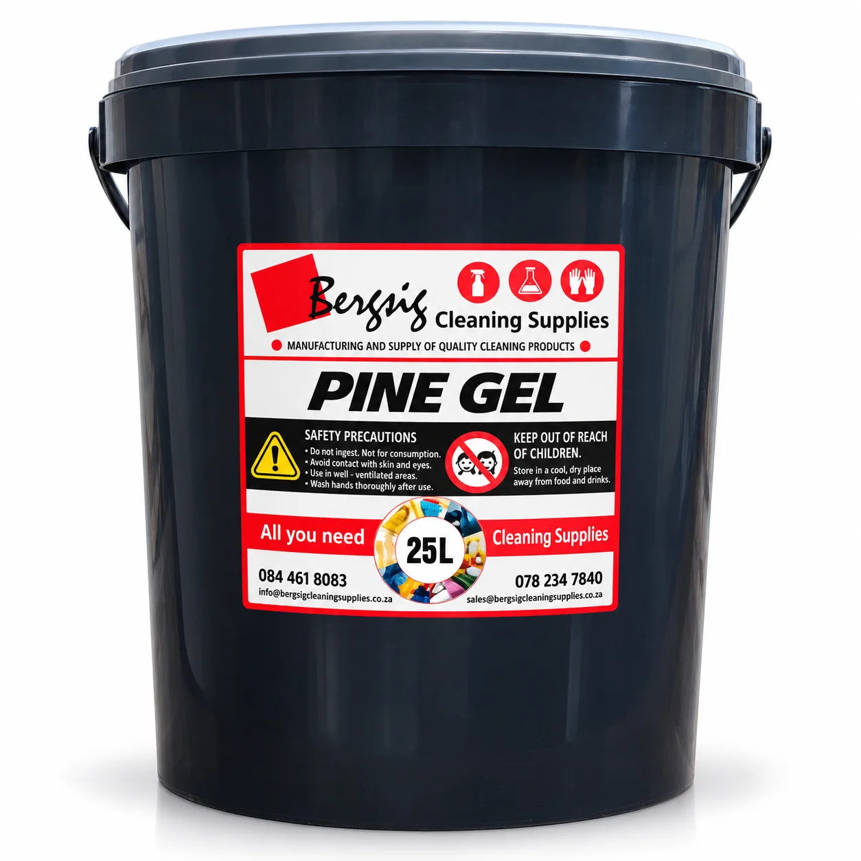 Bergsig Pine Gel in a 25 litre bucket with the Bergsig Cleaning Supplies label