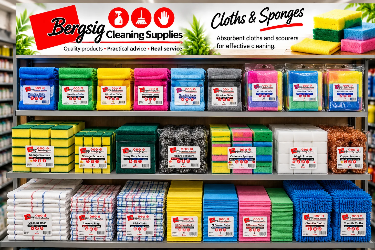 Bergsig shelf of microfibre cloths, sponge scourers, cellulose sponges, magic erasers, copper scourers, cleaning rags, dish cloths and chenille cloths